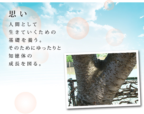 思い。人間として生きていくための基礎を養う。そのためにゆったりと知徳体の成長を図る。